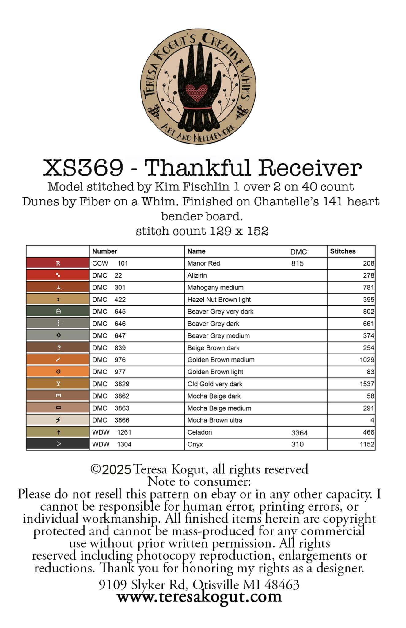 Teresa Kogut THANKFUL RECEIVER Cross Stitch Pattern