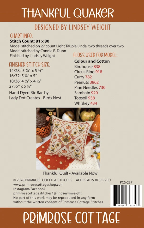 COMING SOON Thankful Quaker Primrose Cottage Cross Stitch Pattern Physical Copy