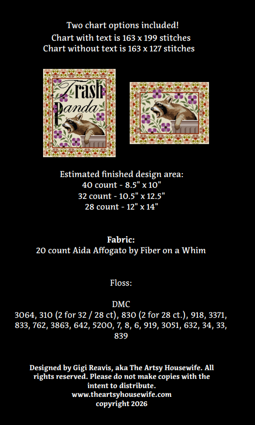 PREORDER Artsy Housewife TRASH PANDA Cross Stitch Pattern