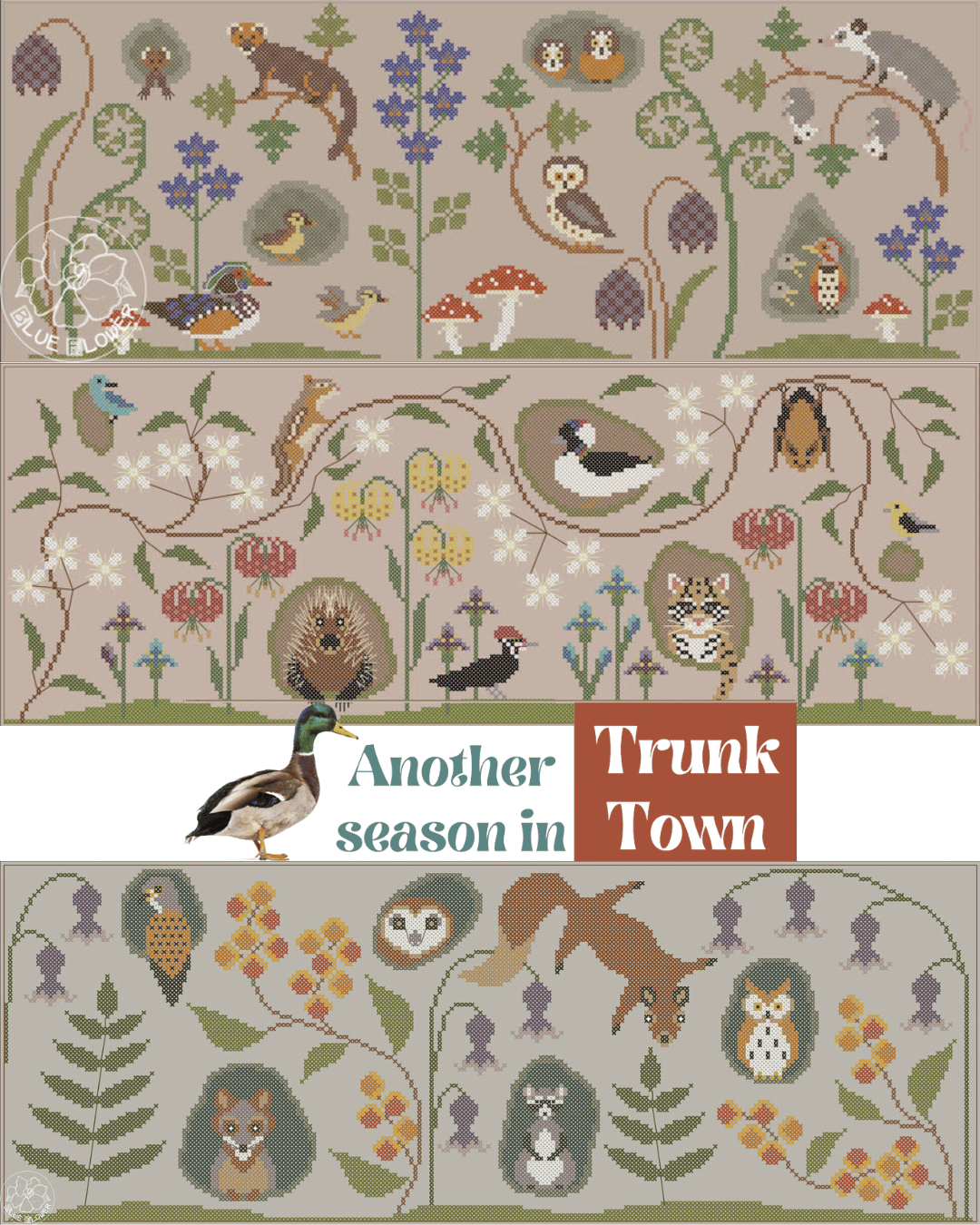 PREORDER Blue Flower TRUNK TOWN AUTUMN Cross Stitch Pattern