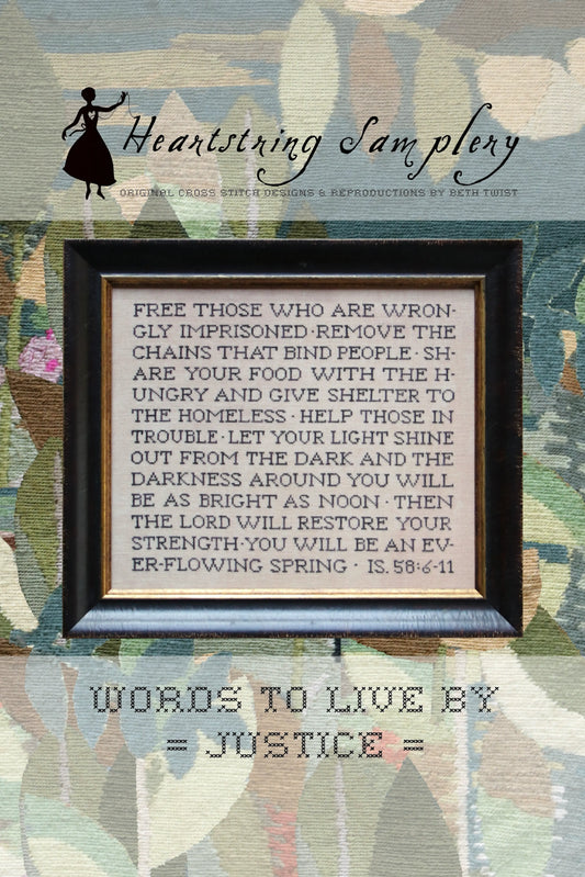 PREORDER Heartstring Samplery WORDS TO LIVE BY -- JUSTICE Cross Stitch Pattern