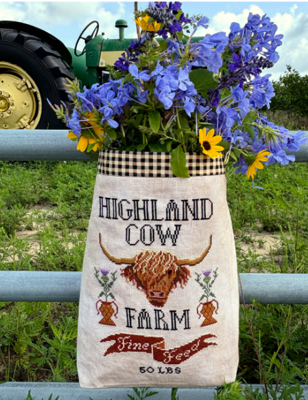 PREORDER Carriage House Samplings HIGHLAND COW FEED SACK Cross Stitch Pattern