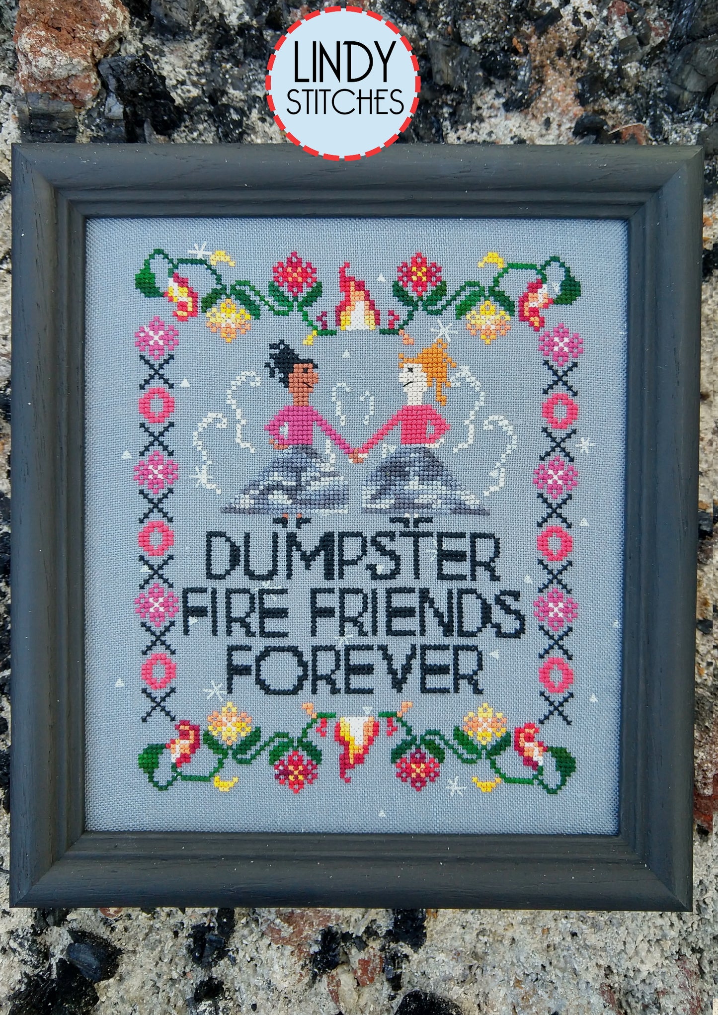 PDF Dumpster Fire Friends Forever Cross Stitch Pattern by Lindy Stitches