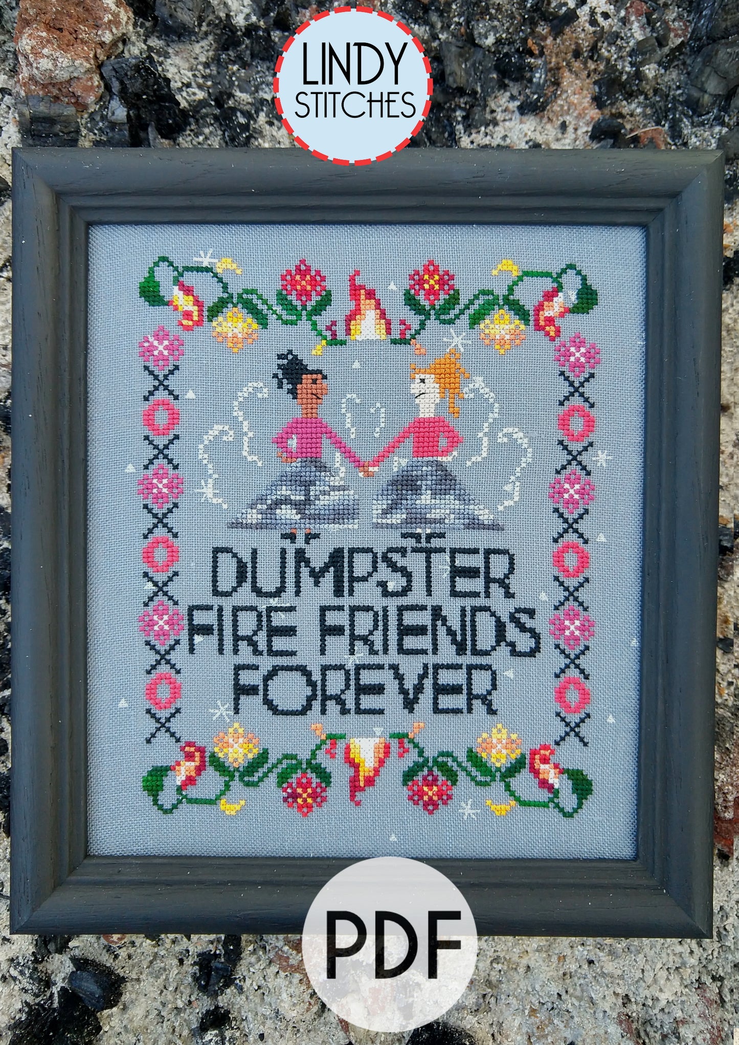 PDF Dumpster Fire Friends Forever Cross Stitch Pattern by Lindy Stitches