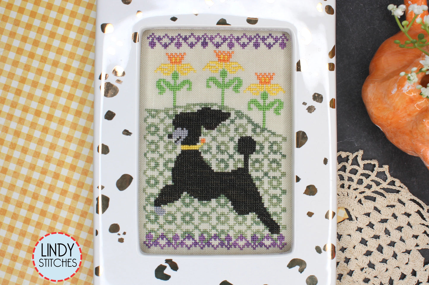 Frolicking in the Daffodils Cross Stitch Pattern Lindy Stitches Dogs in the Garden #1