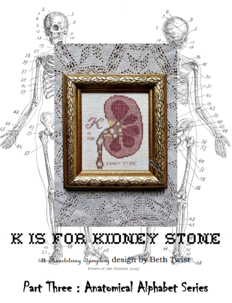 K is for Kidney Stone by Heartstring Samplery PDF Cross Stitch Chart 100% CHARITY