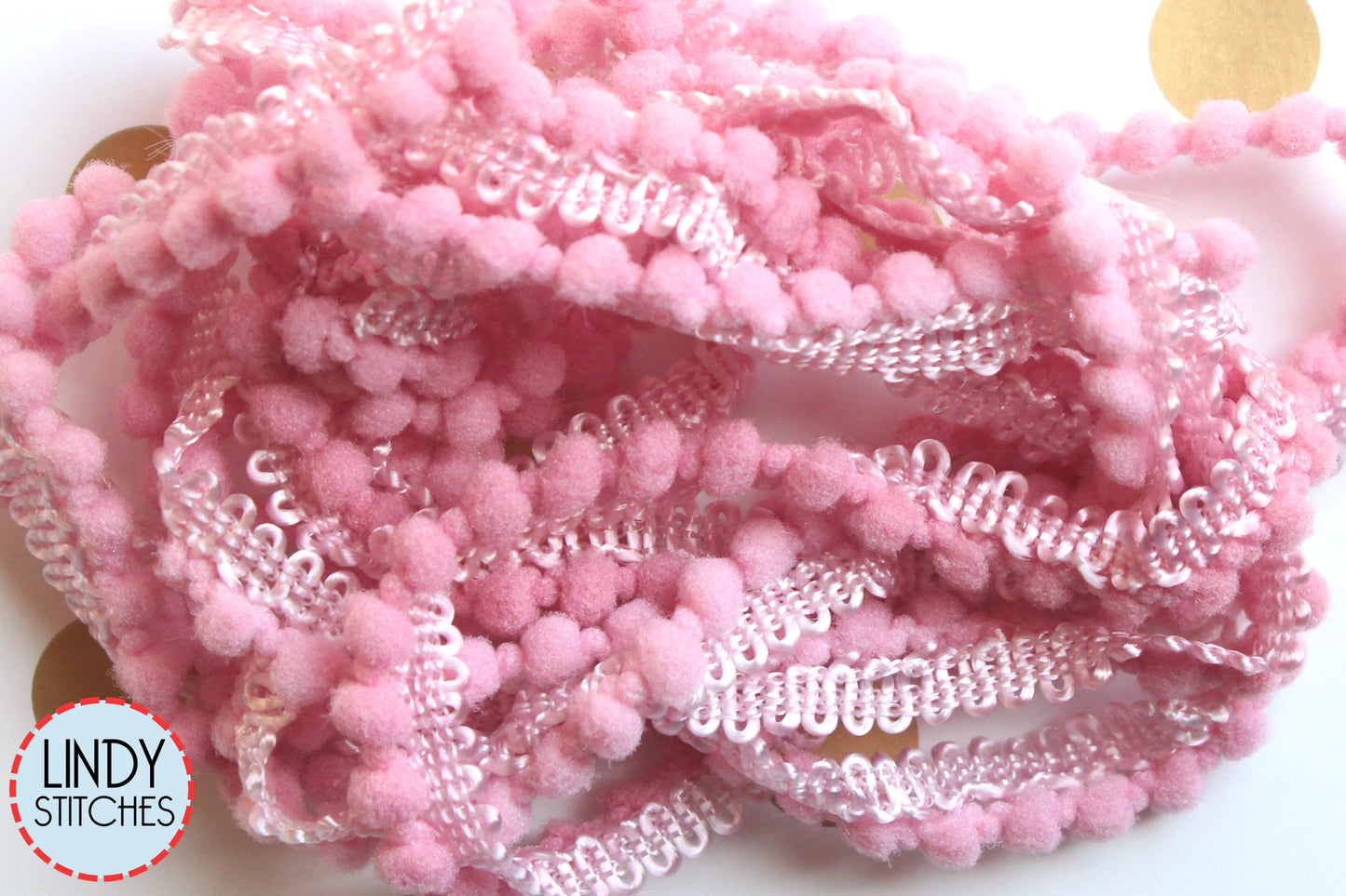 Pinki Mini Pom Pom Trim by Lady Dot Creates Hand Dyed 2 Yards Pink