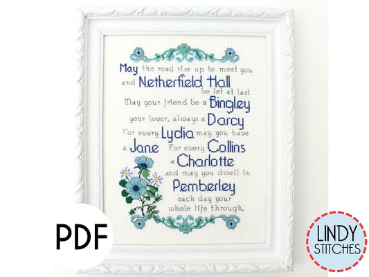 PDF Pride and Prejudice Blessing Cross Stitch Pattern by Lindy Stitches