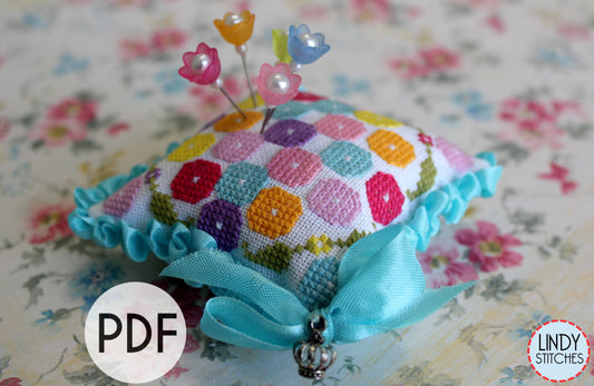 PDF Penelope's Posies Pincushion Cross Stitch Pattern by Lindy Stitches