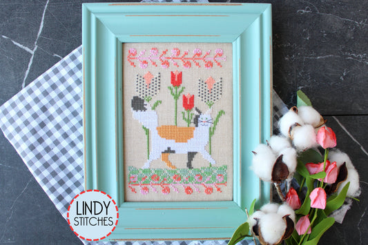 Prancing in the Tulips Cross Stitch Pattern Lindy Stitches Cats in the Garden #1