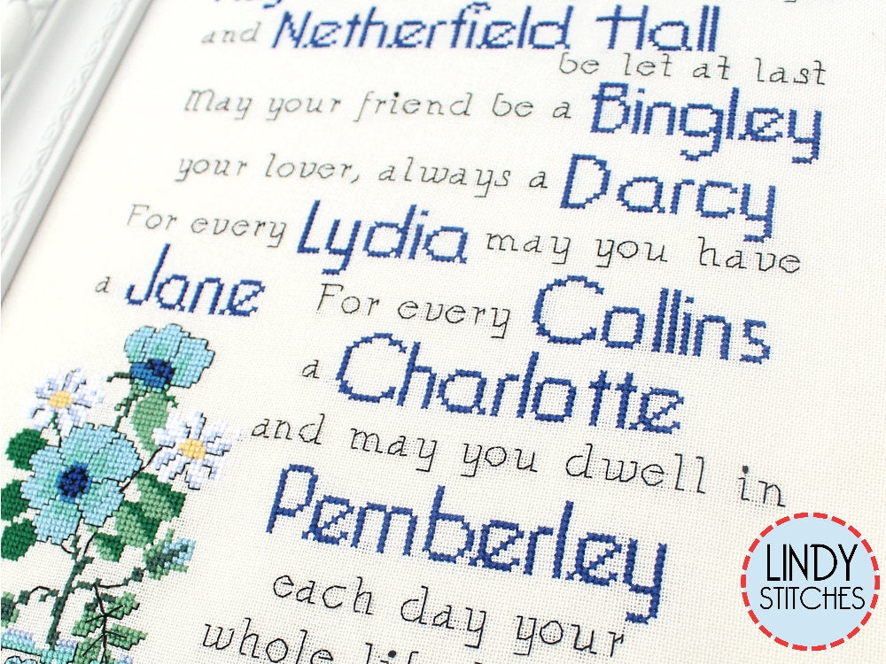 PDF Pride and Prejudice Blessing Cross Stitch Pattern by Lindy Stitches