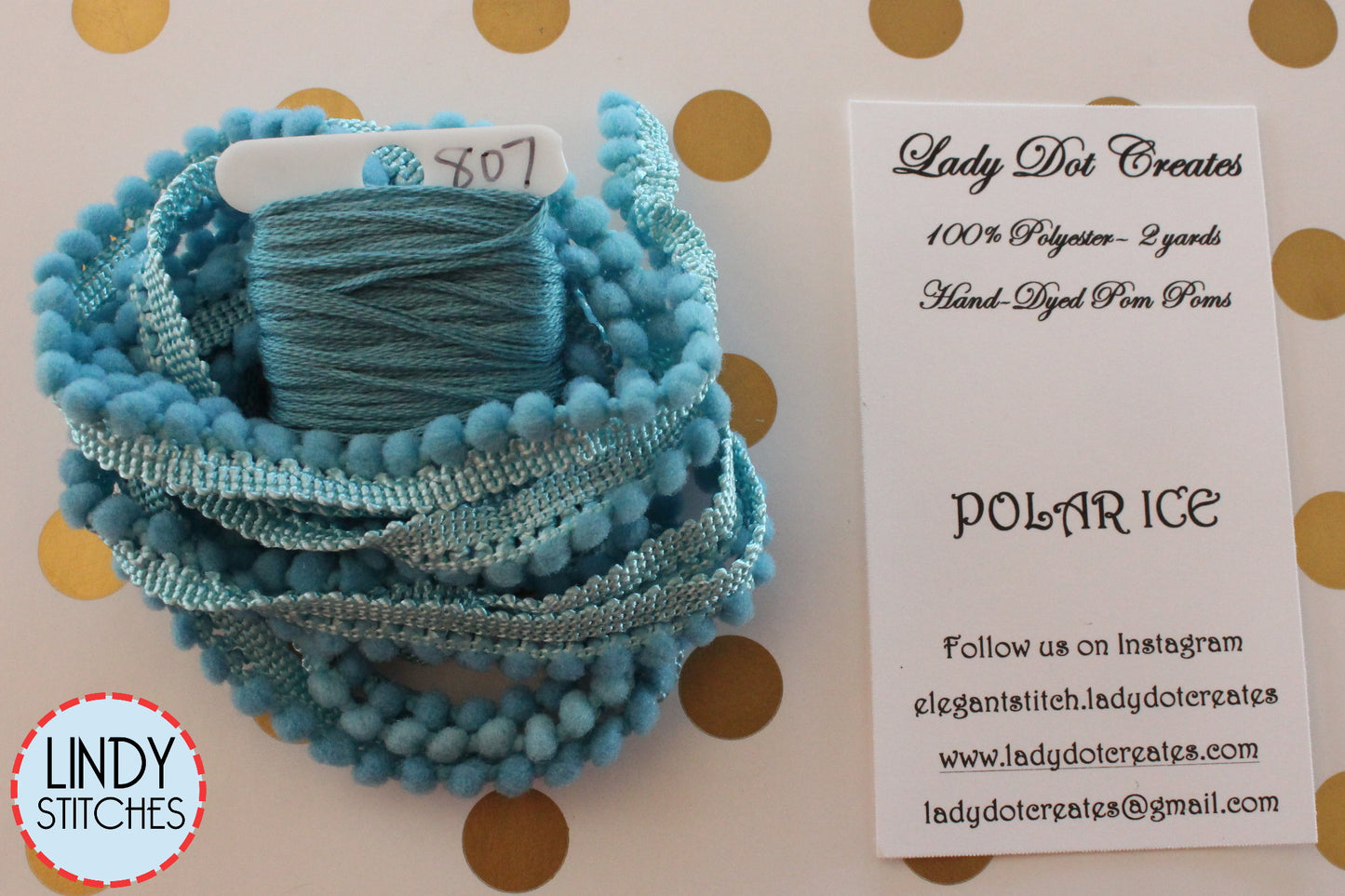 Polar Ice Mini Pom Pom Trim by Lady Dot Creates Hand Dyed 2 Yards Blue