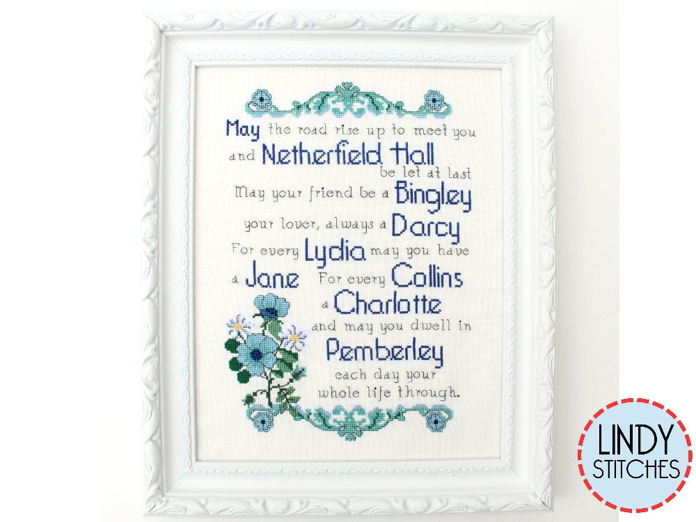 PDF Pride and Prejudice Blessing Cross Stitch Pattern by Lindy Stitches